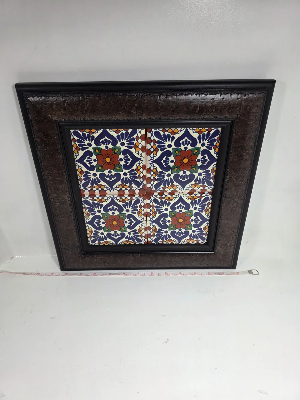 Handcrafted Colorful Floral Tile Wall Art - Brown Frame